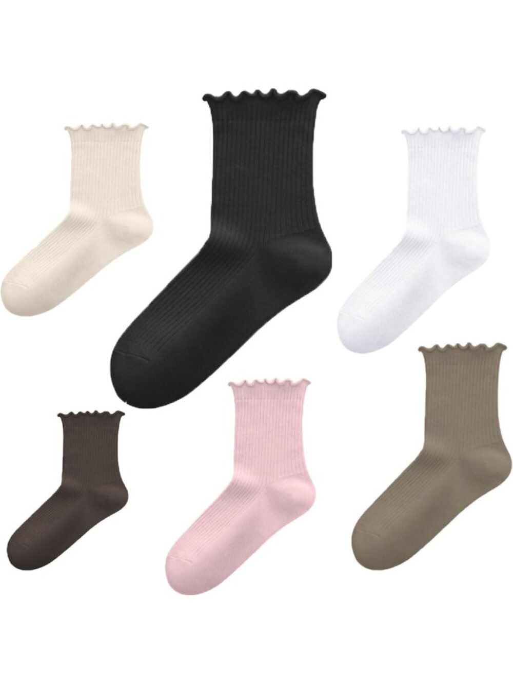6 Pairs Ruffle Crew Socks for Women - Soft Combed Cotton, Fits Sizes 5-12